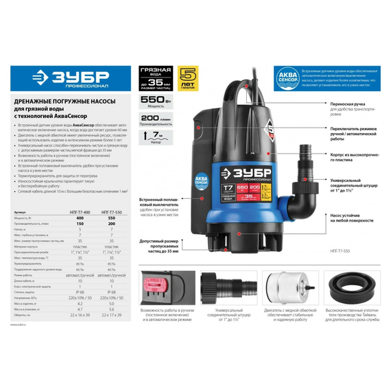 fotoПогружной дренажный насос для грязной воды Зубр Профессионал Т7 АкваСенсор НПГ-Т7-400, изображение 7фото